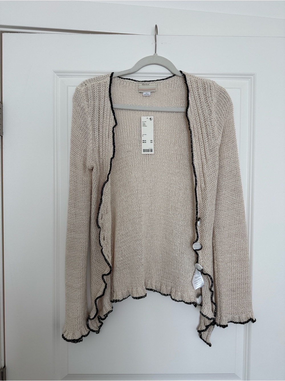 Kimchi Blue Beige Open Ruffle-Trim Cardigan with Black Edge